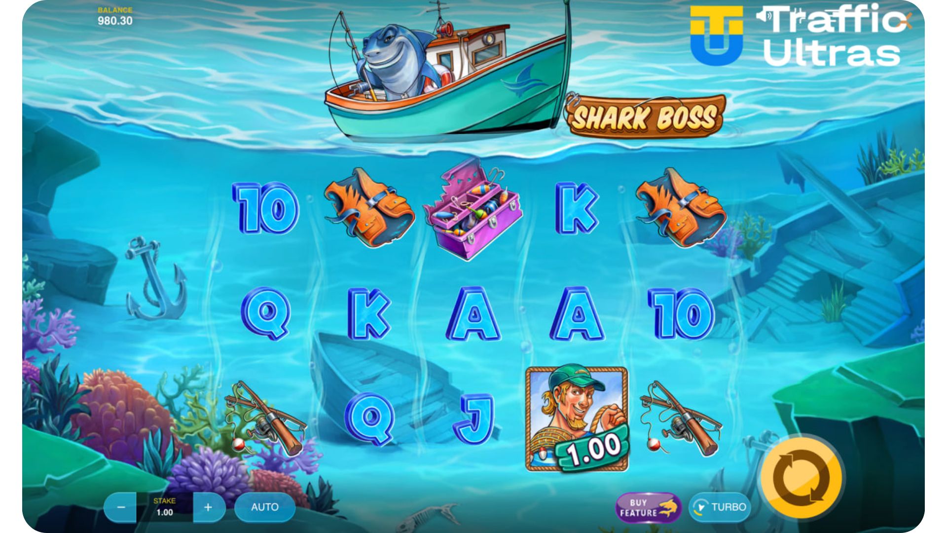 Скриншот игрового процесса слота Shark Boss с сеткой барабанов и интерфейсом