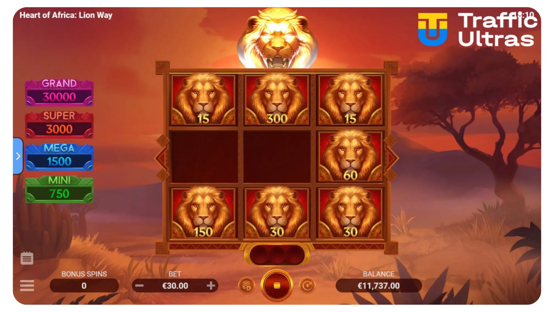 Интерфейс бонусной игры 3x3 в слоте Heart of Africa: Lion Way с множителями и шкалой джекпотов.