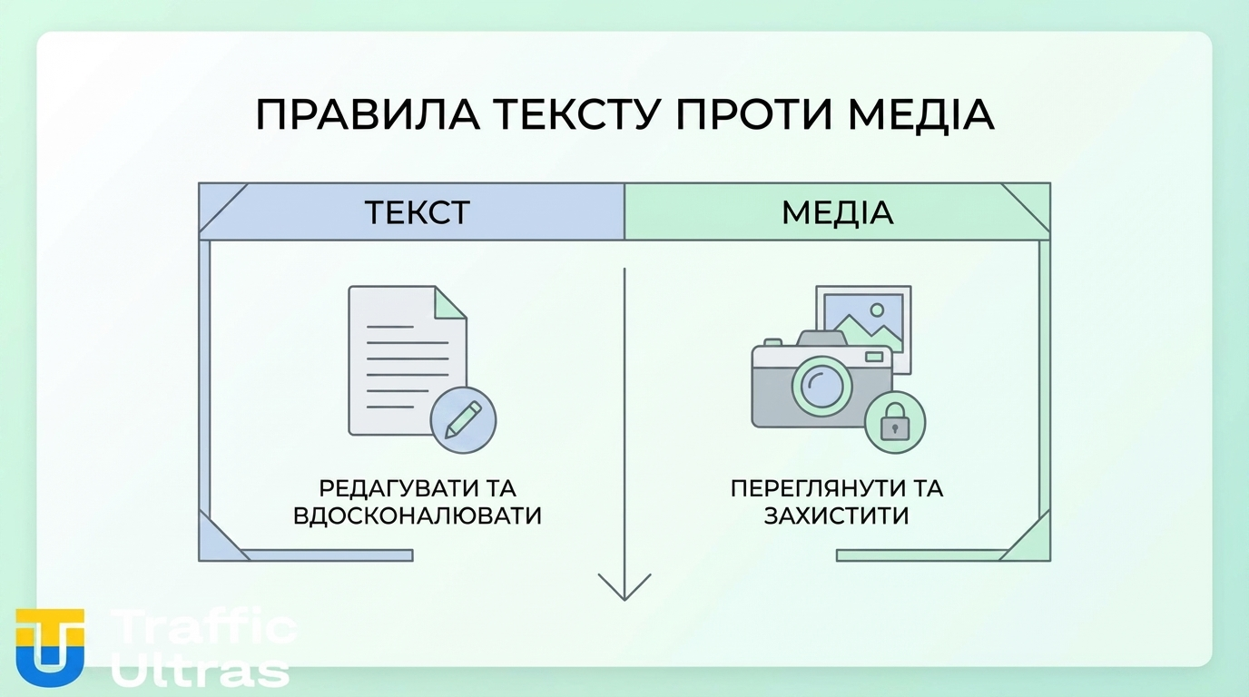 Порівняння: редагування тексту та заборона на правку медіа в коментарях.