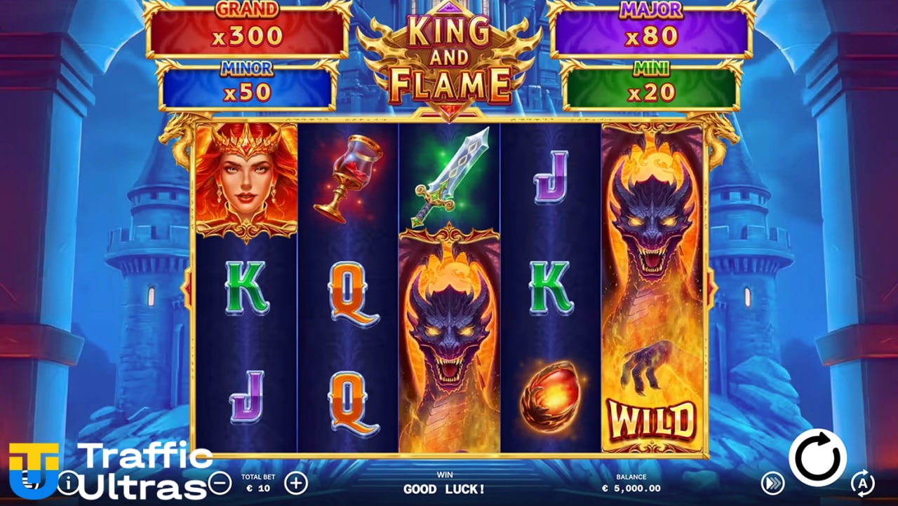 Ігровий процес слота King and Flame від ELA Games: сітка 5х3 з розширюваним Wild-символом дракона, фентезійними елементами та панеллю джекпотів