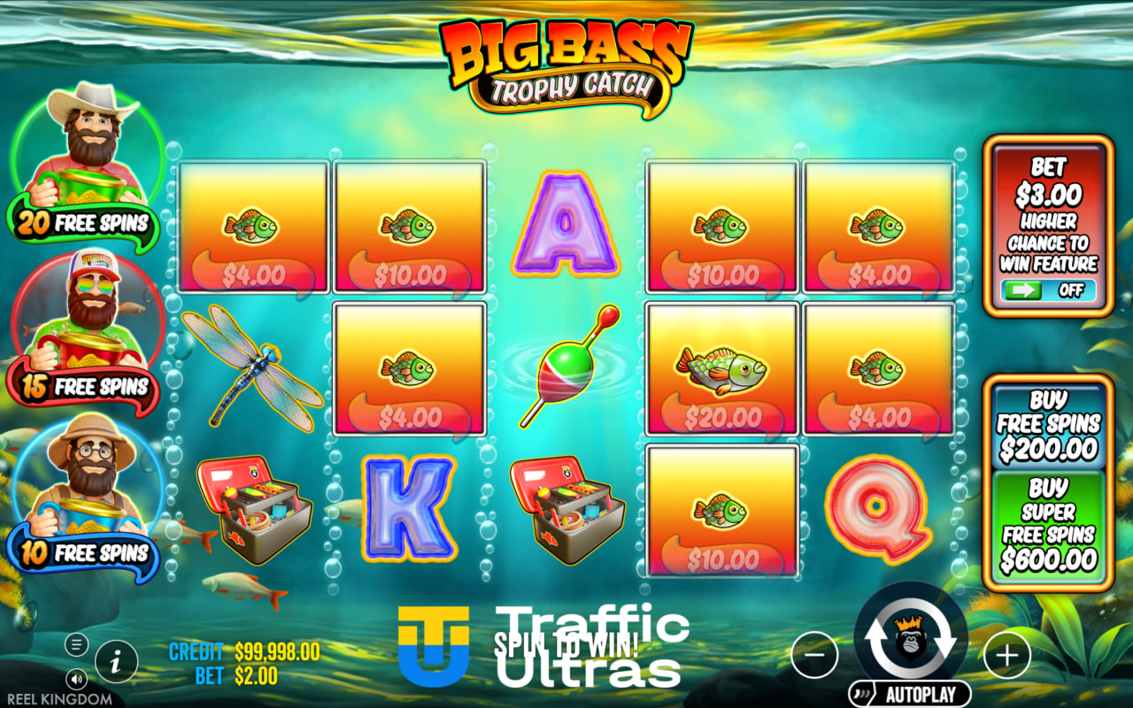 Інтерфейс слота Big Bass Trophy Catch з функціями купівлі бонусної гри та Super Free Spins.