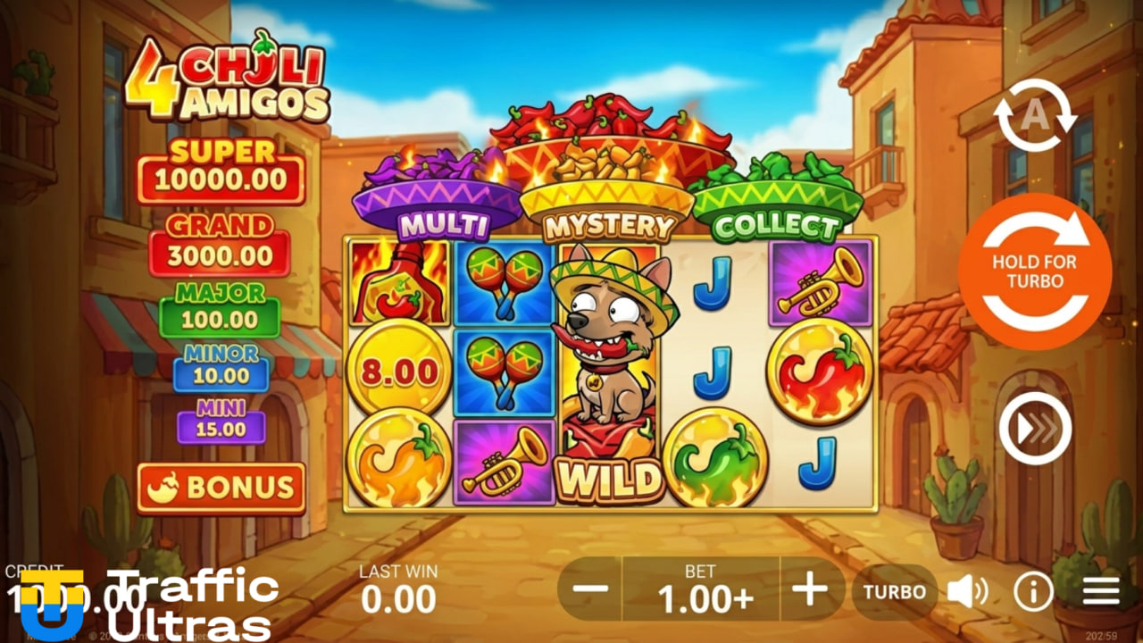 Скриншот геймплея слота 4 Chili Amigos: Hold and Win от Playson с активными функциями Multi, Mystery, Collect и джекпотом Super 10,000.