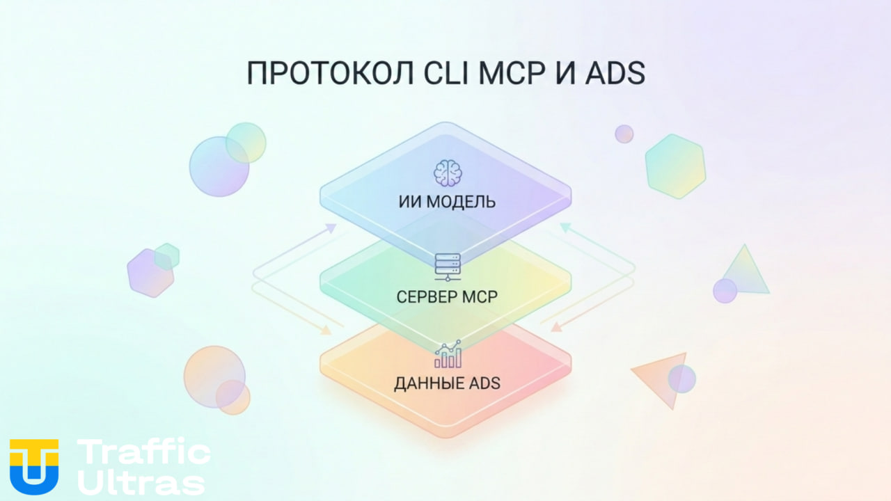  Инфографика протокола MCP и Ads CLI для автоматизации рекламы.