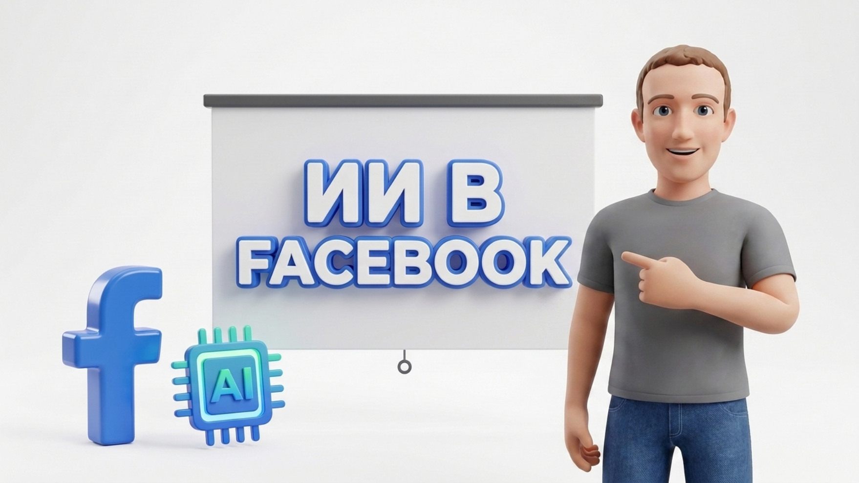 3D-маскот в балаклаве показывает на экран с надписью ИИ В FACEBOOK на чистом белом фоне, обложка статьи Traffic Ultras.