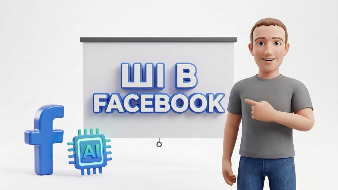 3D-маскот у балаклаві показує на екран із написом ШІ В FACEBOOK на чистому білому тлі, обкладинка статті Traffic Ultras.