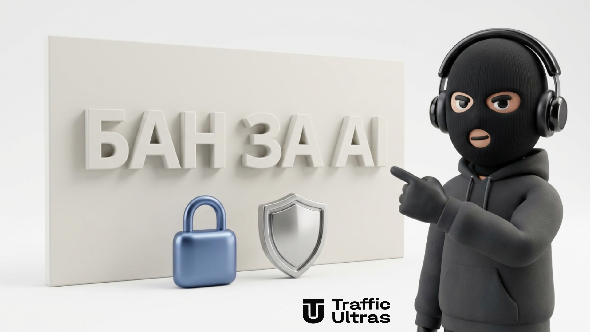 Маркировка AI-креативов в Google Ads, 3D-маскот в черной балаклаве и наушниках указывает на стену с надписью БАН ЗА AI