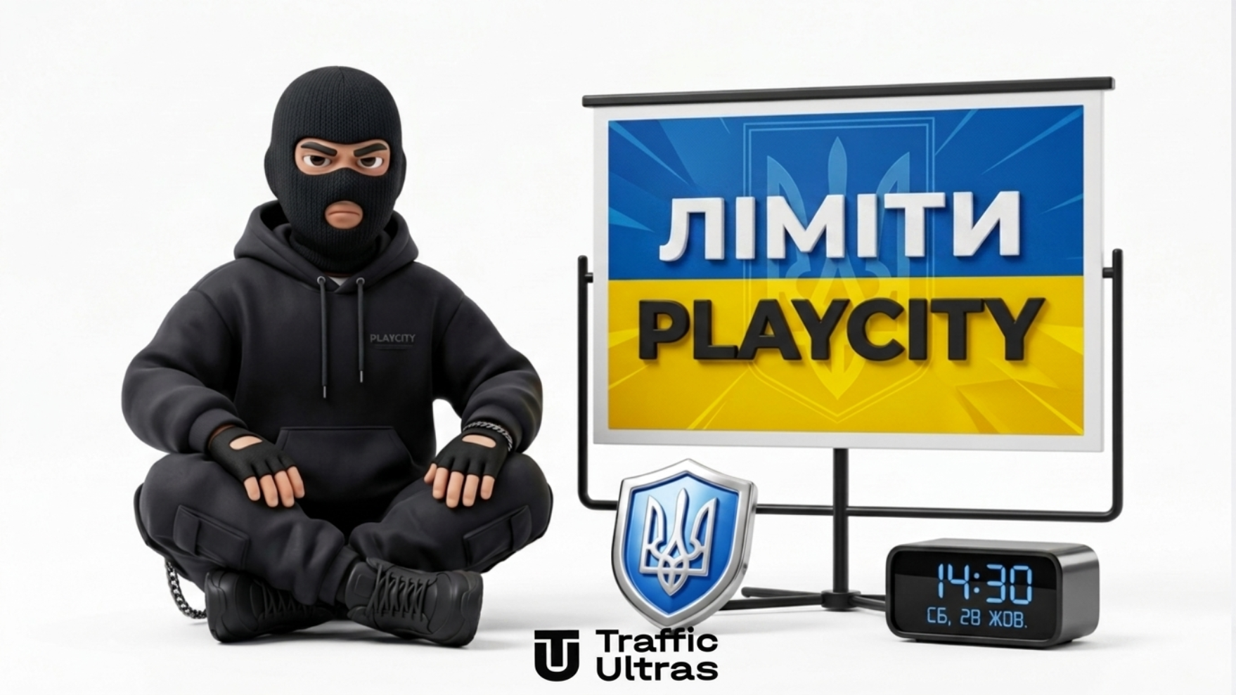 Маскот Traffic Ultras сидить біля стенда з правилами Playcity та прапором України, демонструючи жорсткий контроль лімітів.