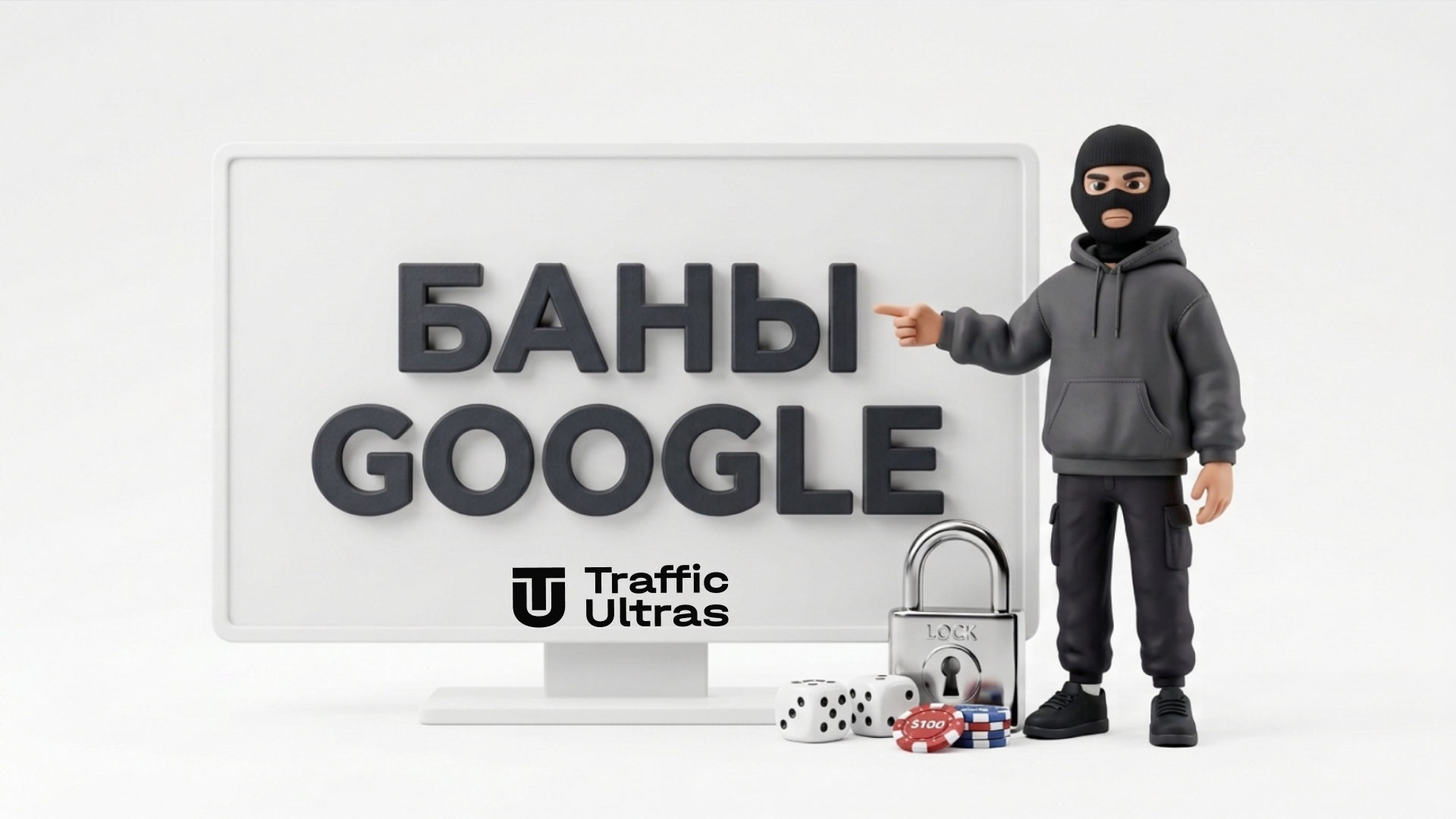 Новые правила сертификации Google Ads iGaming 3D маскот и надпись Баны Google на белом фоне