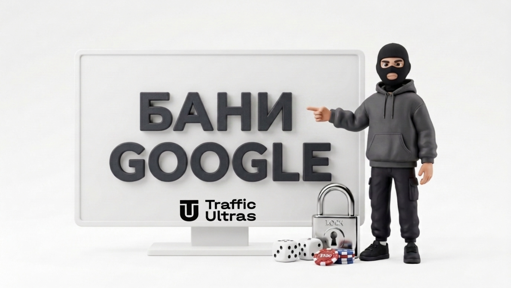 Нові правила сертифікації Google Ads iGaming, 3D-маскот та напис «Бани Google» на білому фоні