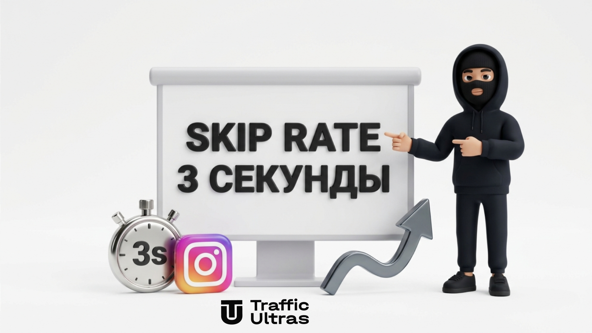 3D концепт метрики Skip Rate и удержания в Instagram Reels для арбитража трафика