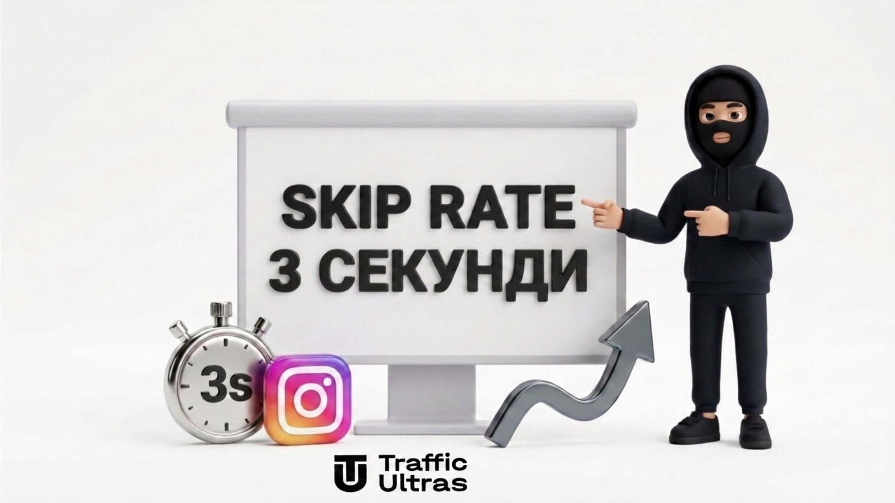 3D-концепт метрики Skip Rate та утримання в Instagram Reels для арбітражу трафіку