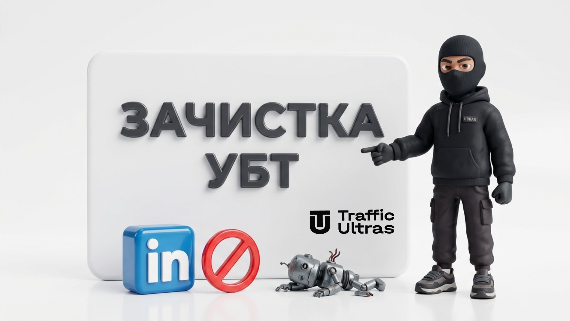 Traffic Ultras указывает на 3D-стеку с надписью Зачистка УБТ на белом фоне рядом с логотипом LinkedIn