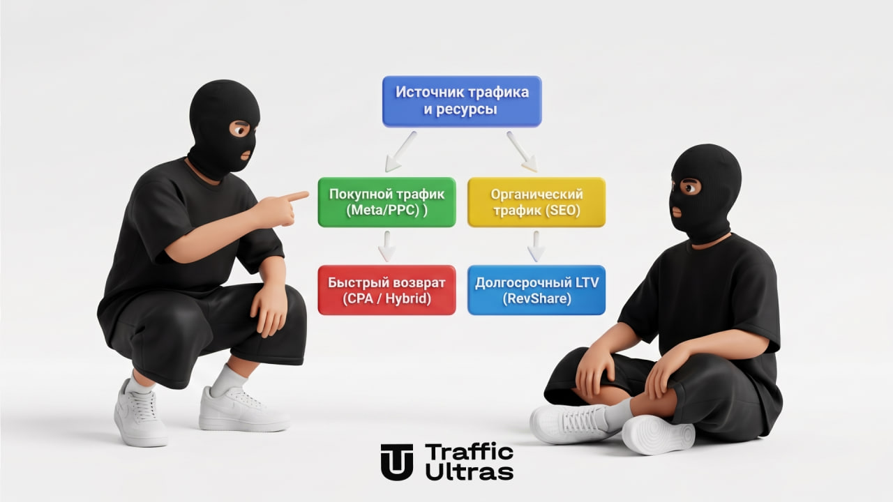 Схема выбора модели оплаты в арбитраже трафика по источнику Meta PPC и SEO органике CPA Hybrid RevShare