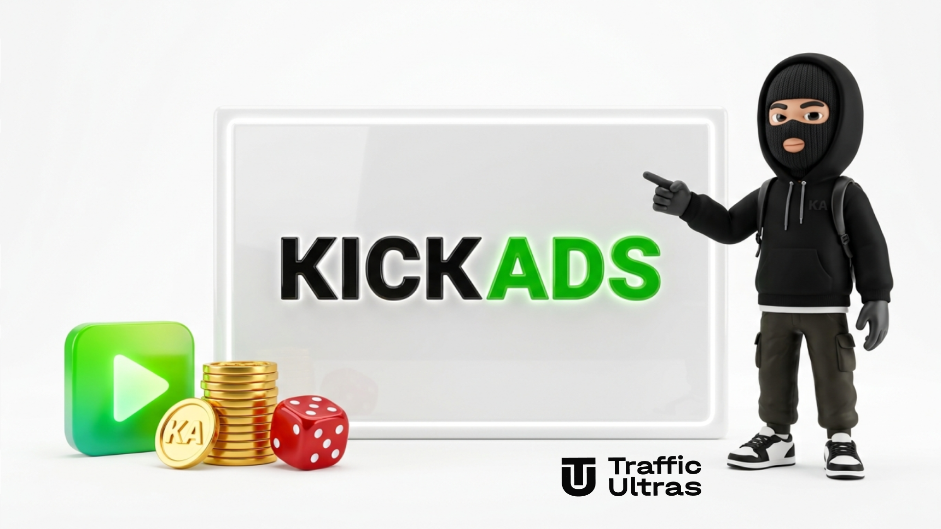 3D-персонаж указывает на презентационный экран с надписью KICK ADS о запуске стриминговой рекламы