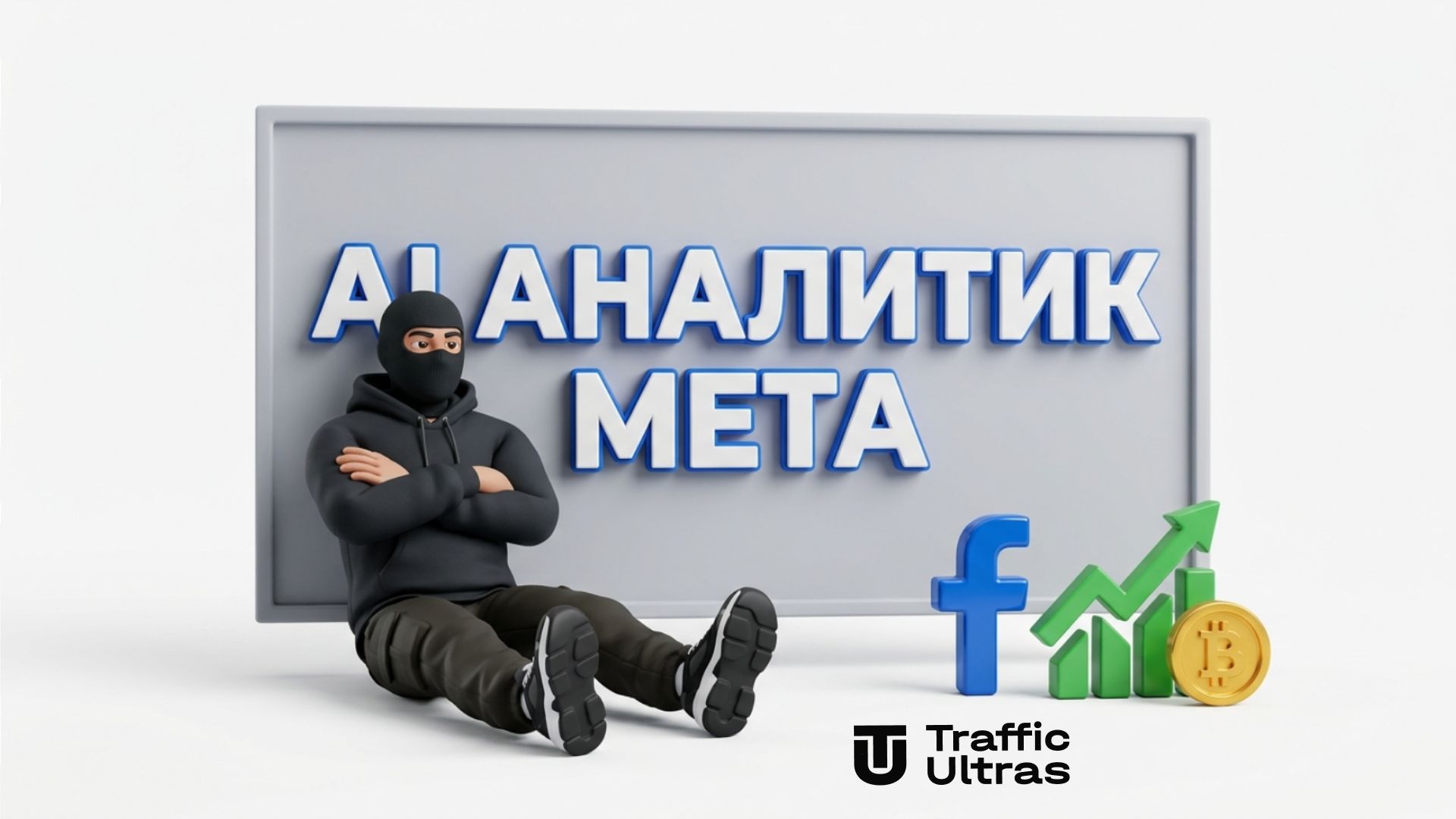 3D-персонаж у билборда с надписью AI АНАЛИТИК META рядом с логотипом Facebook и графиками Ads Manager
