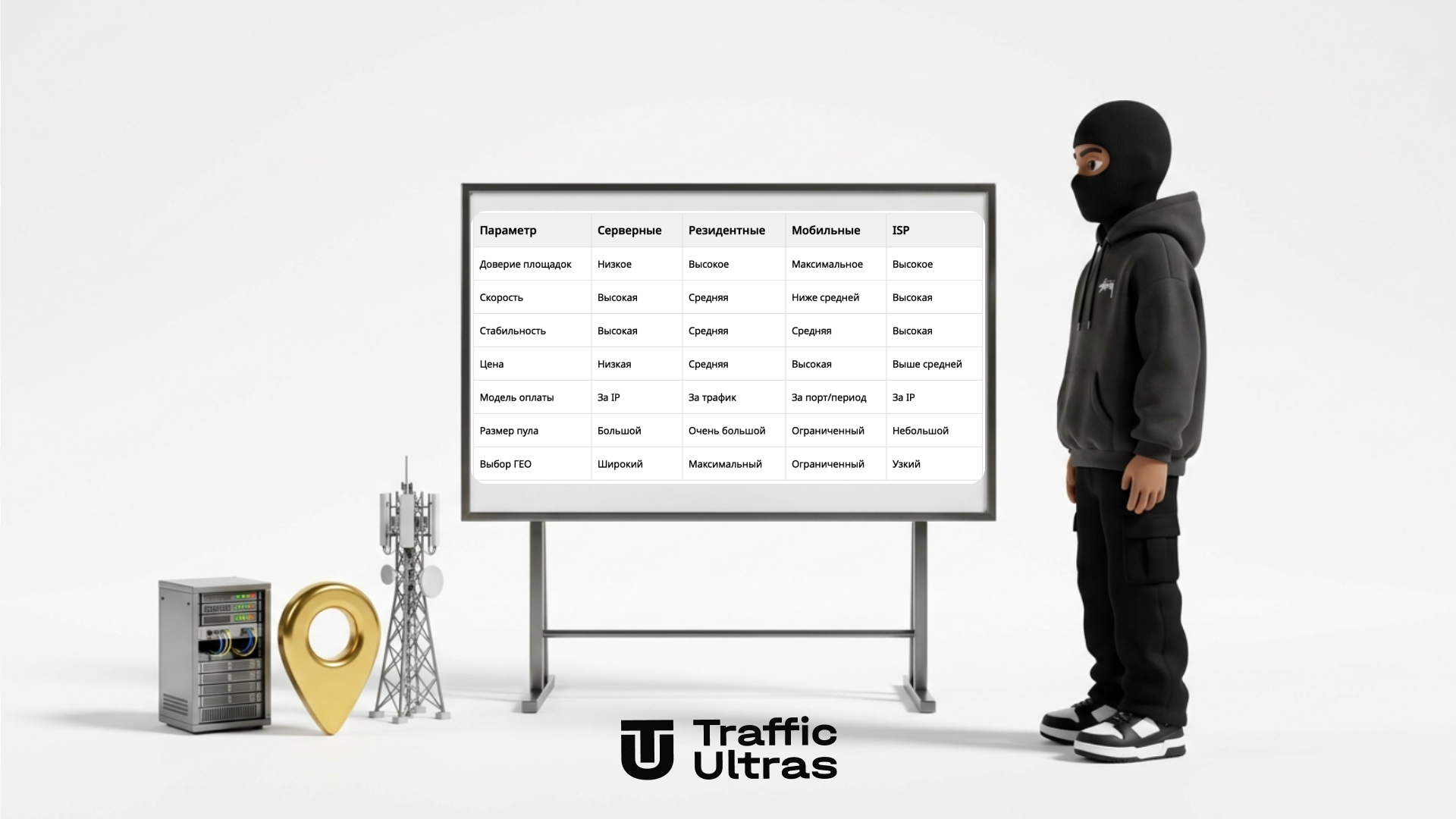 3D-маскот Traffic Ultras рядом с чистым рекламным щитом на тему выбора прокси в арбитраже трафика