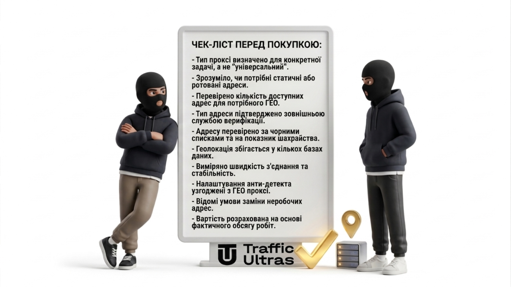 Повний чек-лист перевірки та купівлі проксі для арбітражу трафіку з 3D-маскотами Traffic Ultras