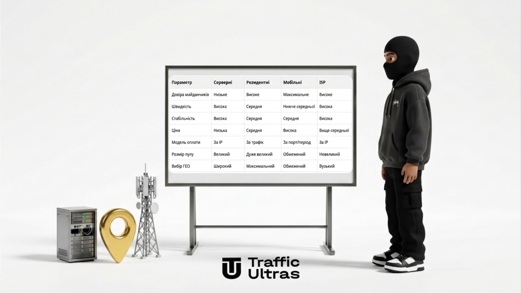 3D-маскот Traffic Ultras поруч із чистим рекламним щитом на тему вибору проксі в арбітражі трафіку