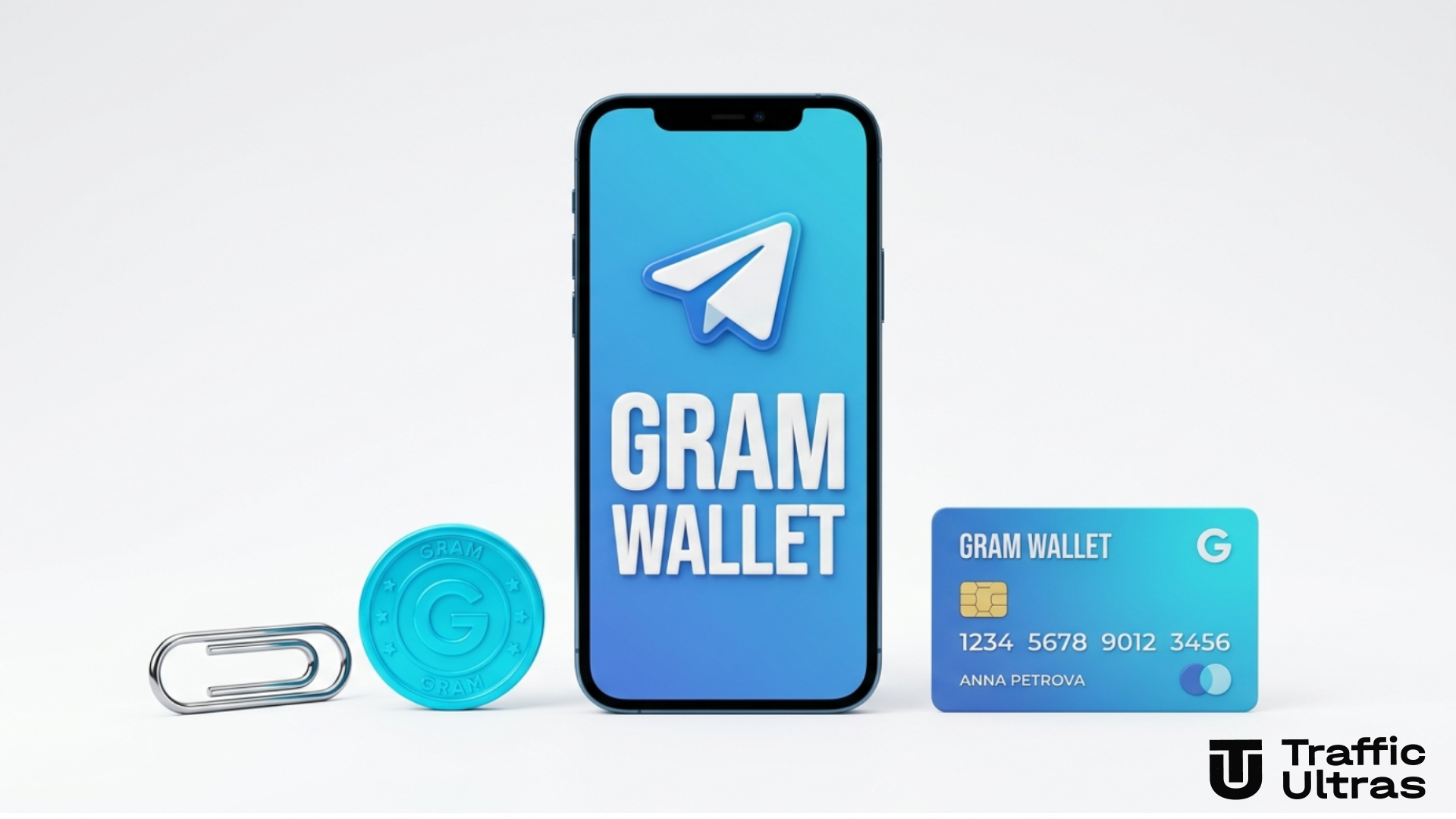 3D-смартфон із написом Gram Wallet у Telegram, монетами TON і банківськими картками на білому фоні