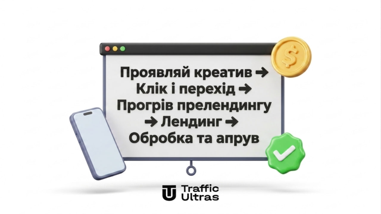 Схема основних етапів воронки конверсії в арбітражі трафіку від креативу до апруву