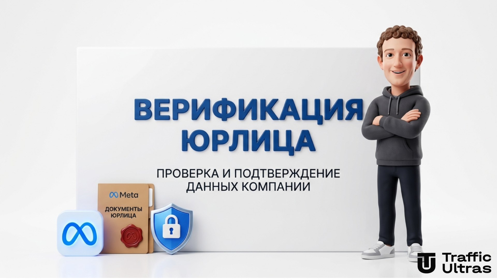 Марк Цукерберг и баннер с надписью ВЕРИФИКАЦИЯ ЮРЛИЦА META для агентских кабинетов