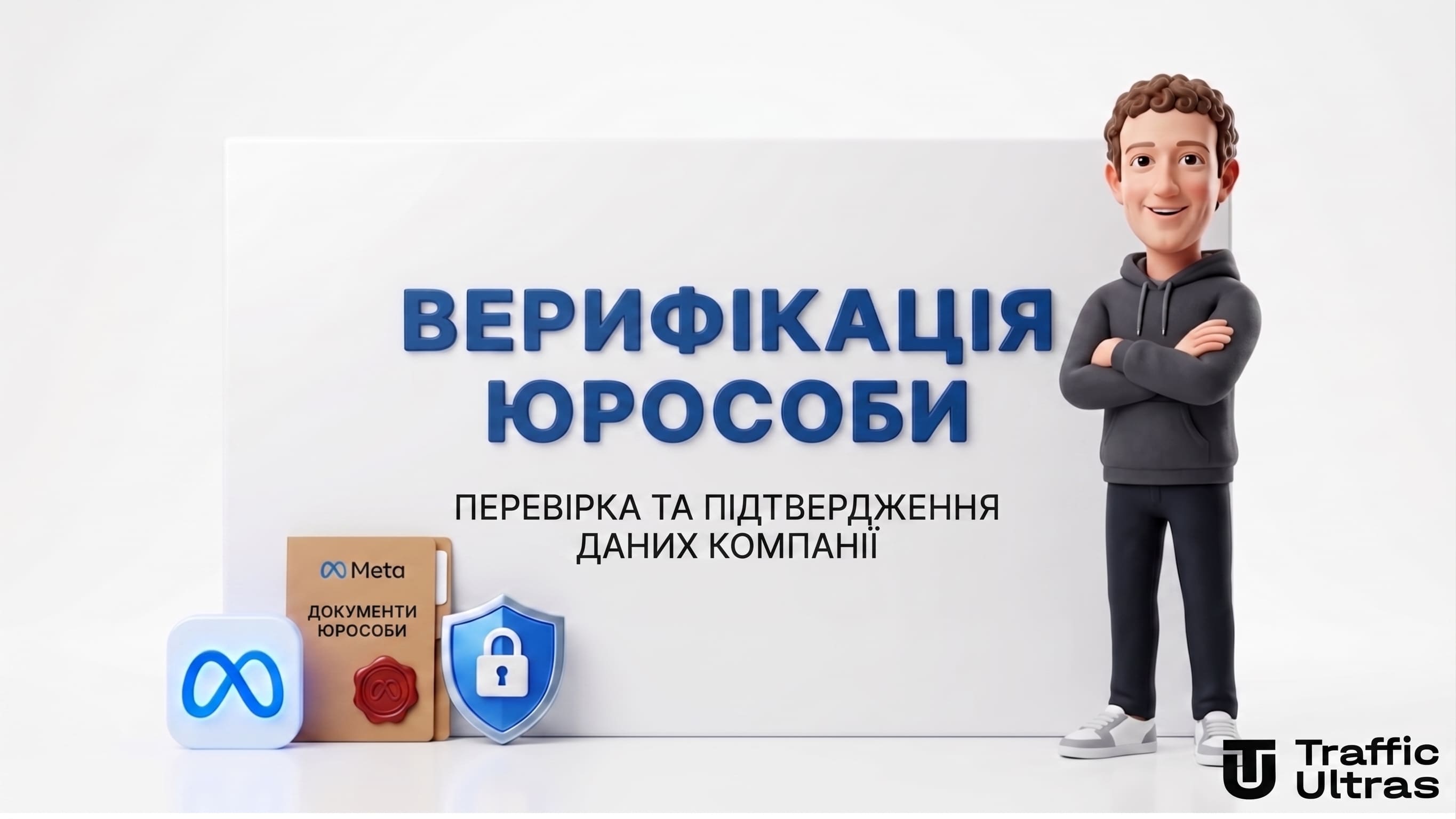 Марк Цукерберг і банер з написом ВЕРИФІКАЦІЯ ЮРОСОБИ META для агентських кабінетів