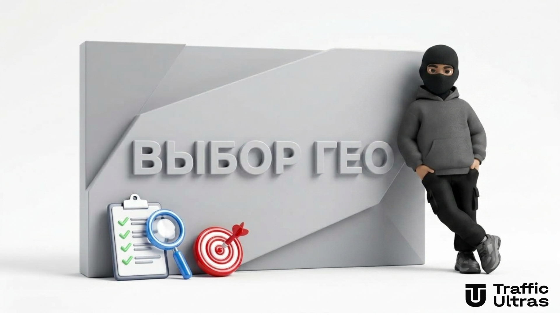 Маскот в черной балаклаве рядом с экраном с надписью ВЫБОР ГЕО чек-лист подбора страны под оффер