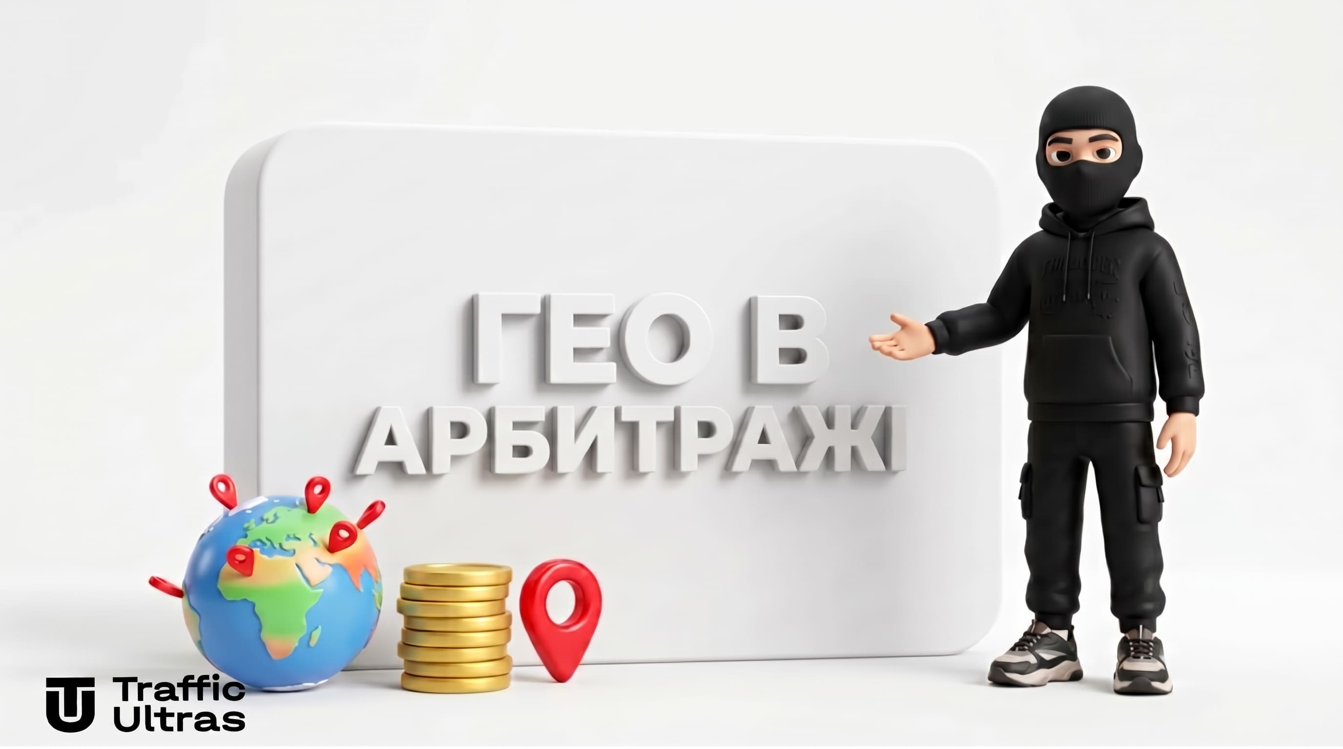 Маскот Traffic Ultras вказує на екран із написом ГЕО В АРБІТРАЖІ та глобусом з монетами