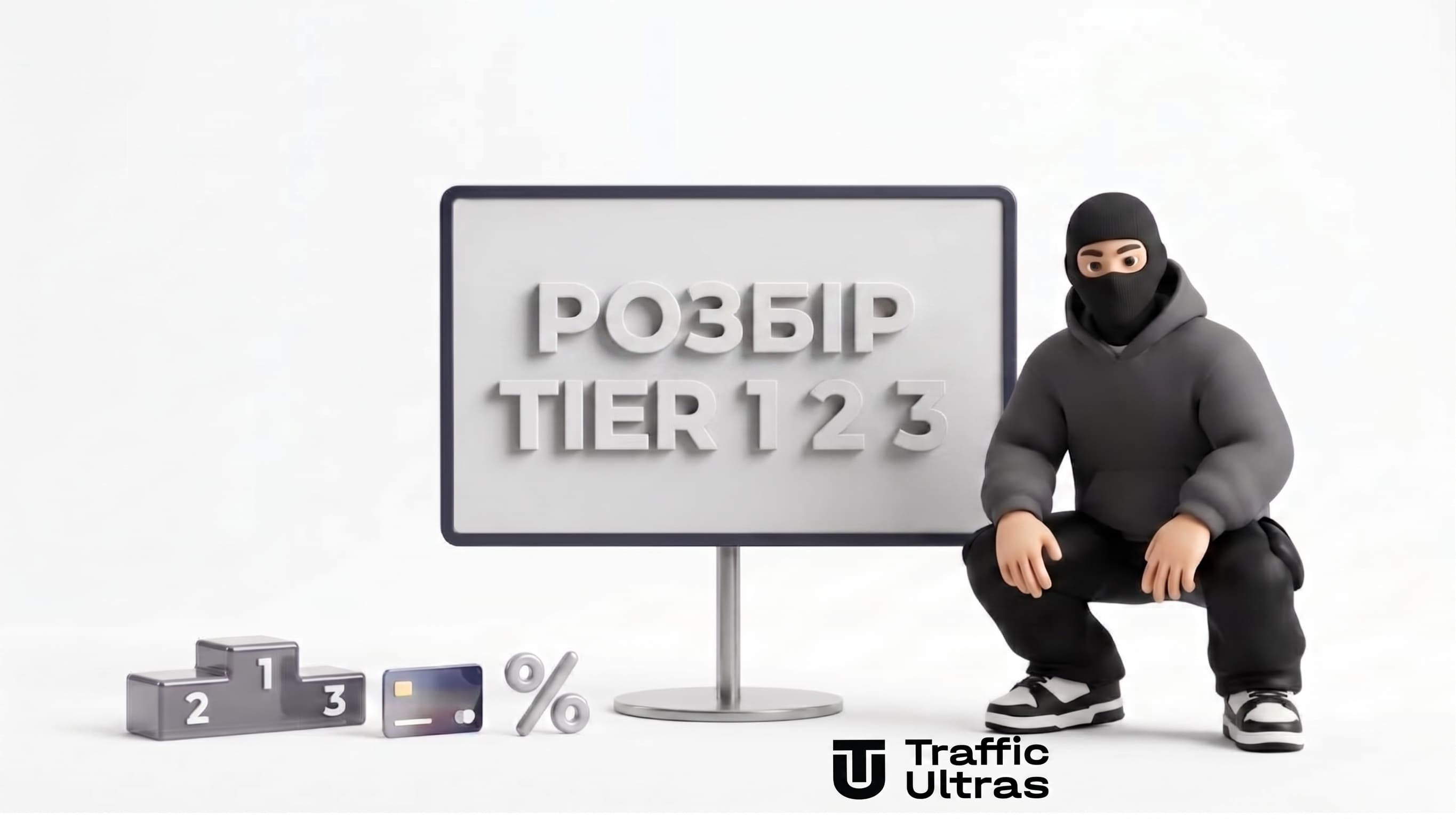 3D-маскот презентує рівні країн Tier 1 Tier 2 Tier 3 для арбітражу трафіку