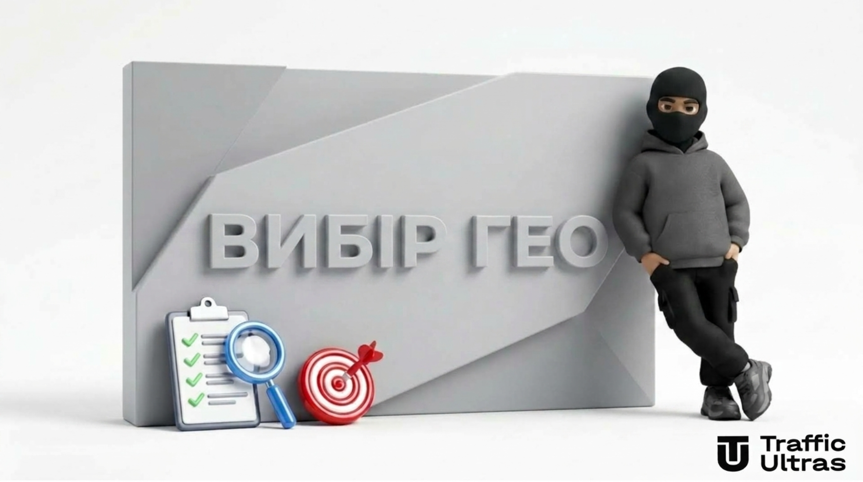 Маскот у чорній балаклаві поруч з екраном із написом ВИБІР ГЕО чек-лист підбору країни під офер