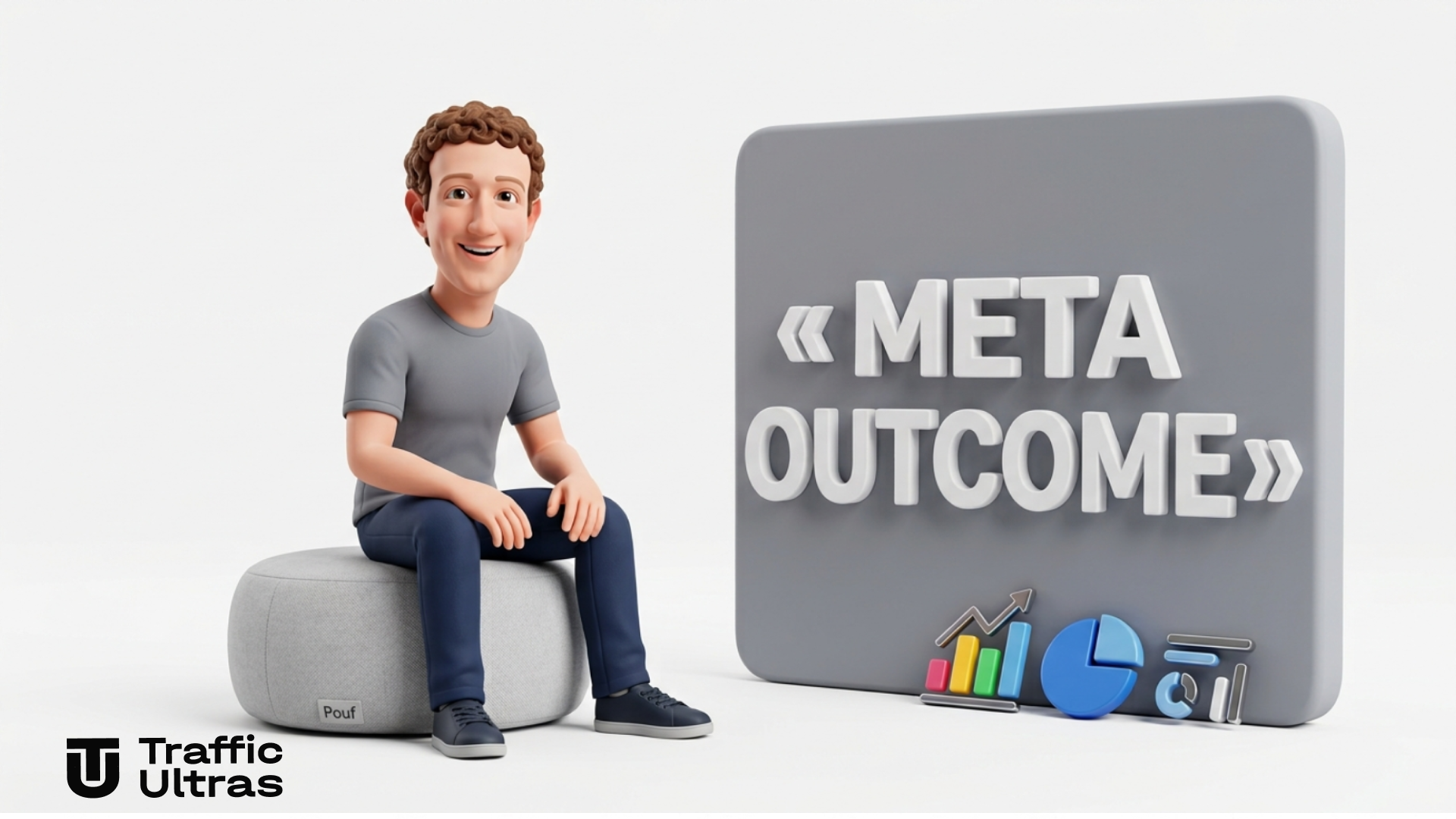 Марк Цукерберг в 3D стиле сидит на пуфике рядом с презентационной стеной Meta Ads