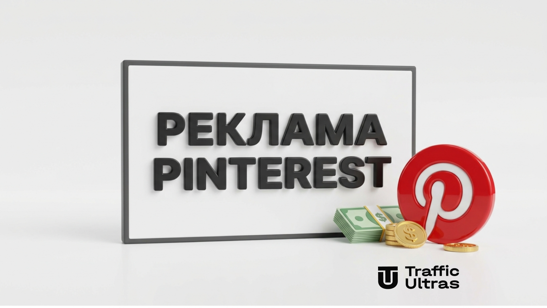 3D-екран із написом Оновлення Pinterest Ads, логотипом Pinterest та монетами на білому тлі