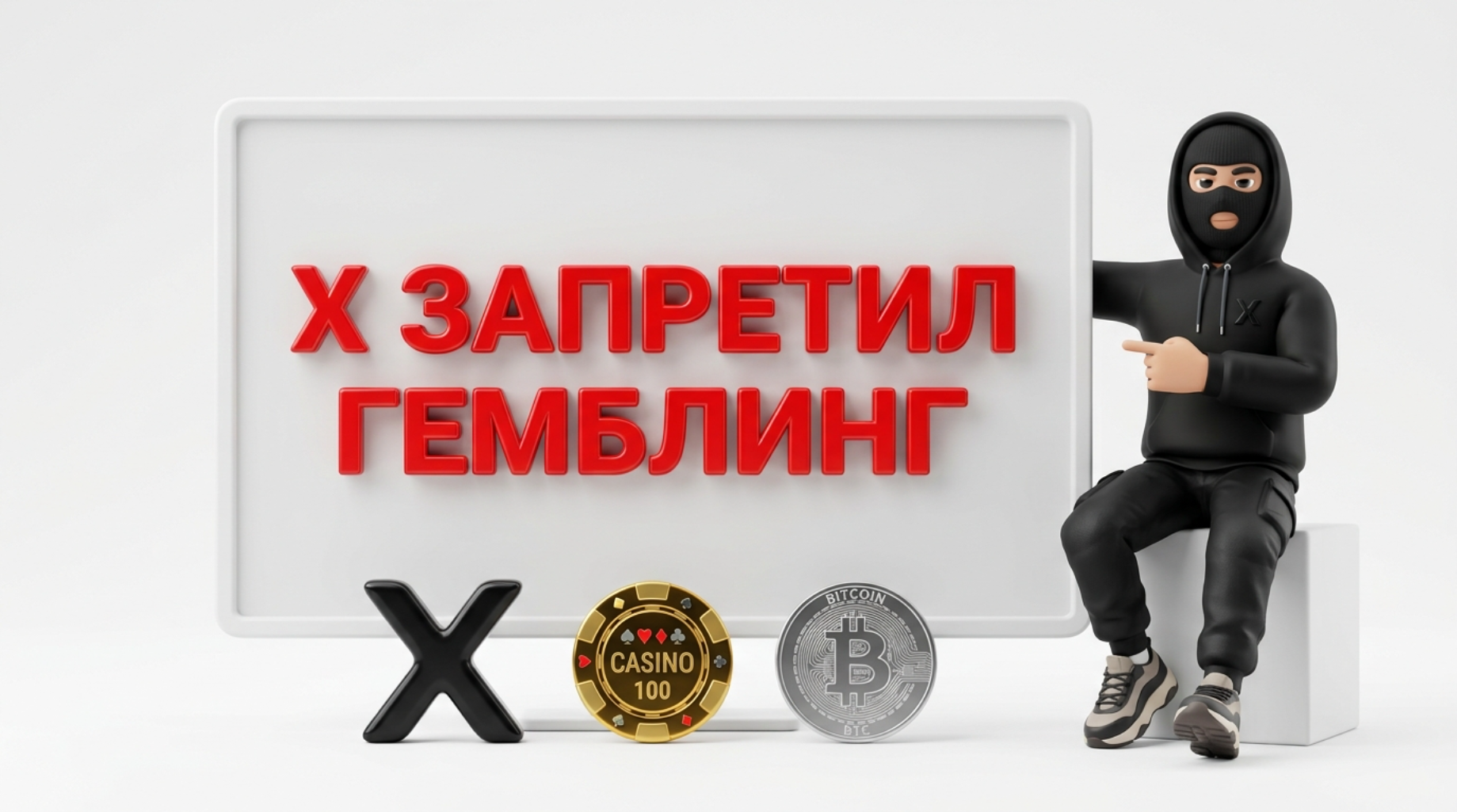 Маскот Traffic Ultras указывает на 3D-экране тезис о запрете рекламы гемблинга в социальной сети X