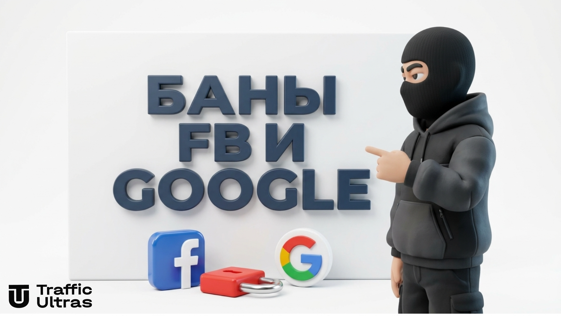 3D-иллюстрация: массовые баны в Facebook и Google Ads, фризы аккаунтов и блокировки рекламных кабинетов