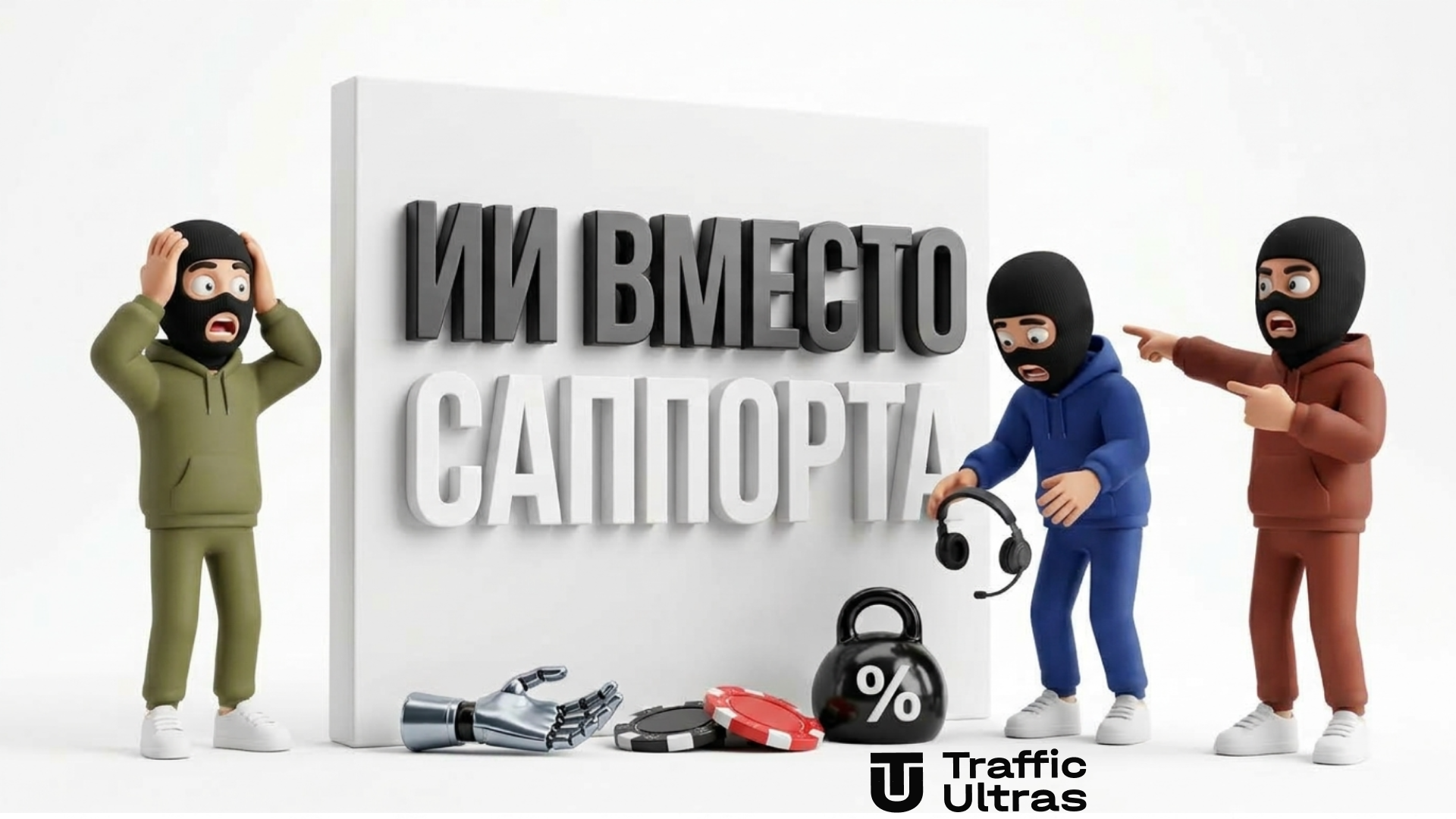 3D-иллюстрация: три удивленных сотрудника саппорта в стритвир-одежде смотрят на стену с надписью ИИ ВМЕСТО САППОРТА на фоне фишек казино и робототехники