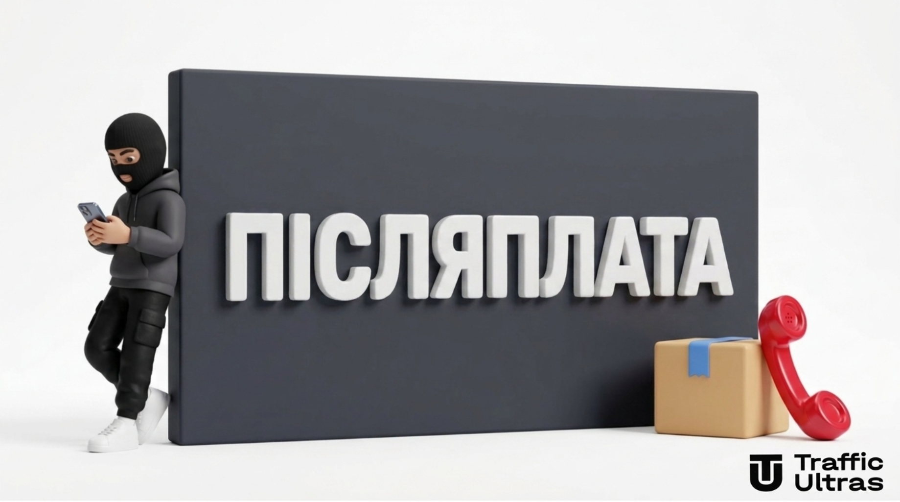 3D маскот арбітражник у балаклаві біля стіни з написом Наложка українською мовою.