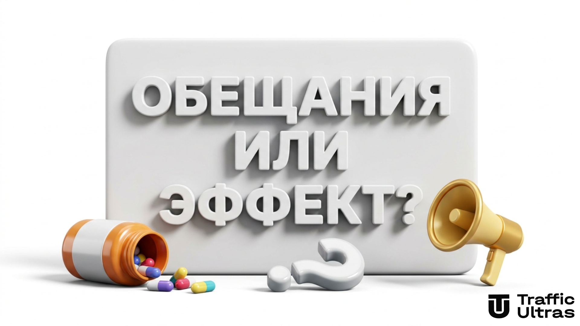 3D стена с надписью ОБЕЩАНИЯ ИЛИ ЭФФЕКТ рядом с баночкой капсул и знаком вопроса