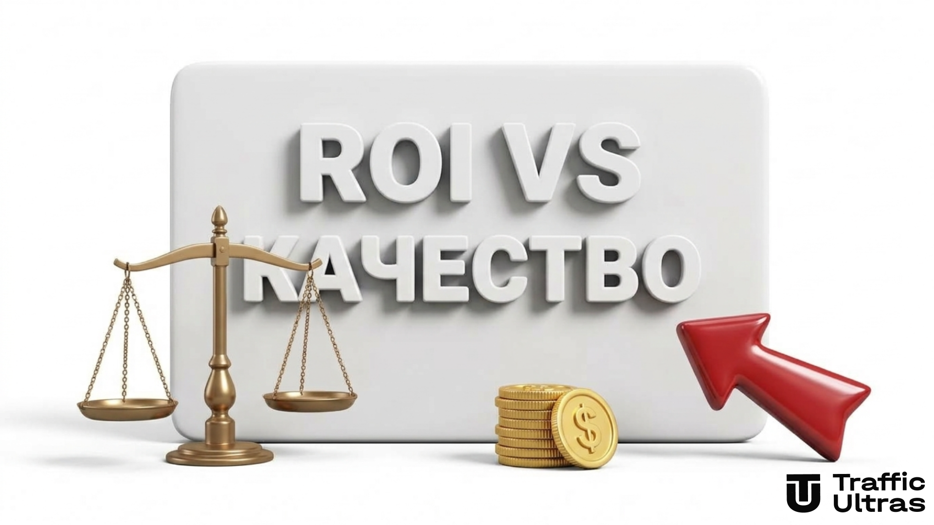 Минималистичный 3D рендер экрана с надписью ROI VS КАЧЕСТВО весами и золотыми монетами