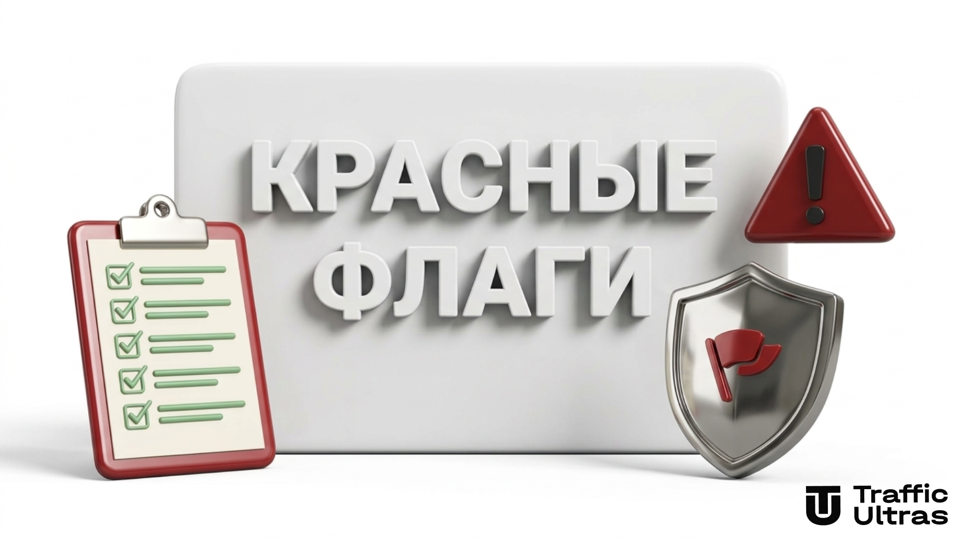 3D стенд с надписью КРАСНЫЕ ФЛАГИ предупреждающим знаком и щитом модерации