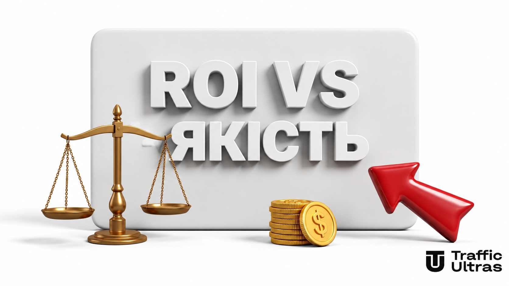 Мінімалістичний 3D рендер екрана з написом ROI VS ЯКІСТЬ вагами та золотими монетами