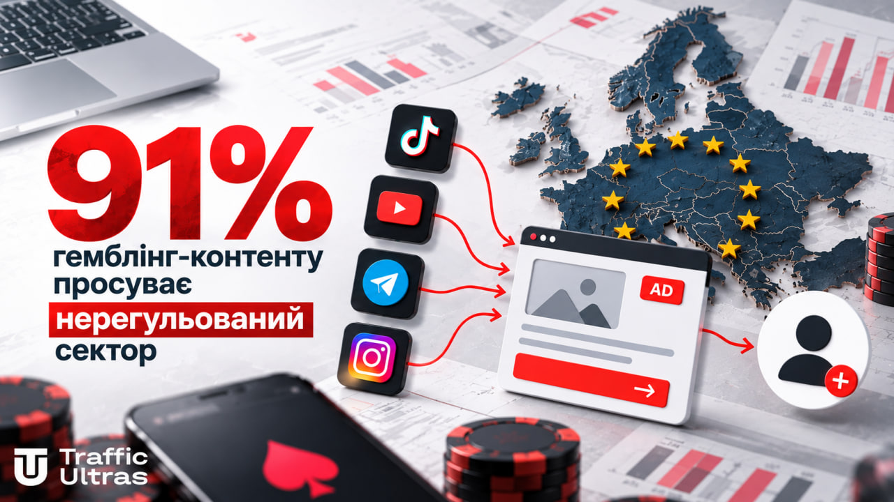 91% gambling-контенту в ЄС просуває нерегульований сектор — трафік через TikTok, YouTube, Telegram та Instagram