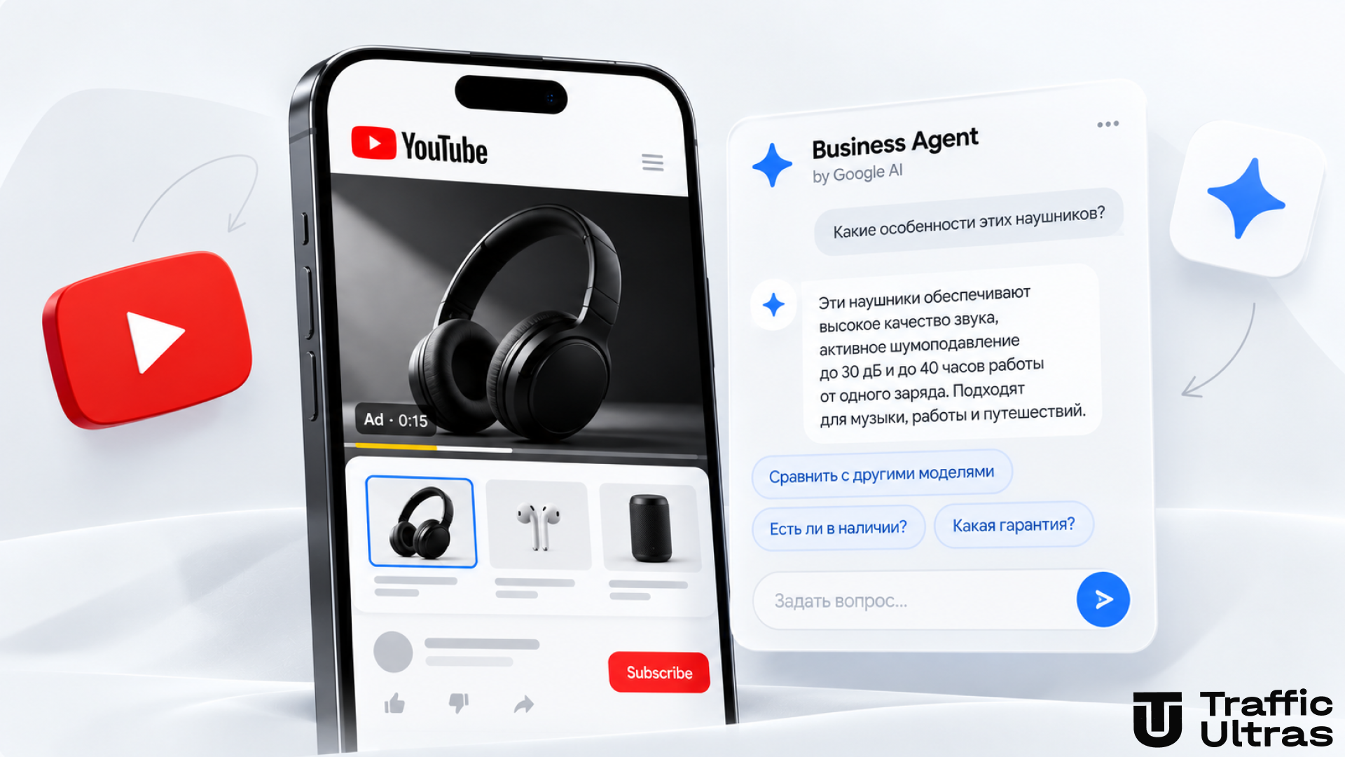 Business Agent на базе Google AI рядом с рекламой YouTube Ads для общения пользователей с брендом