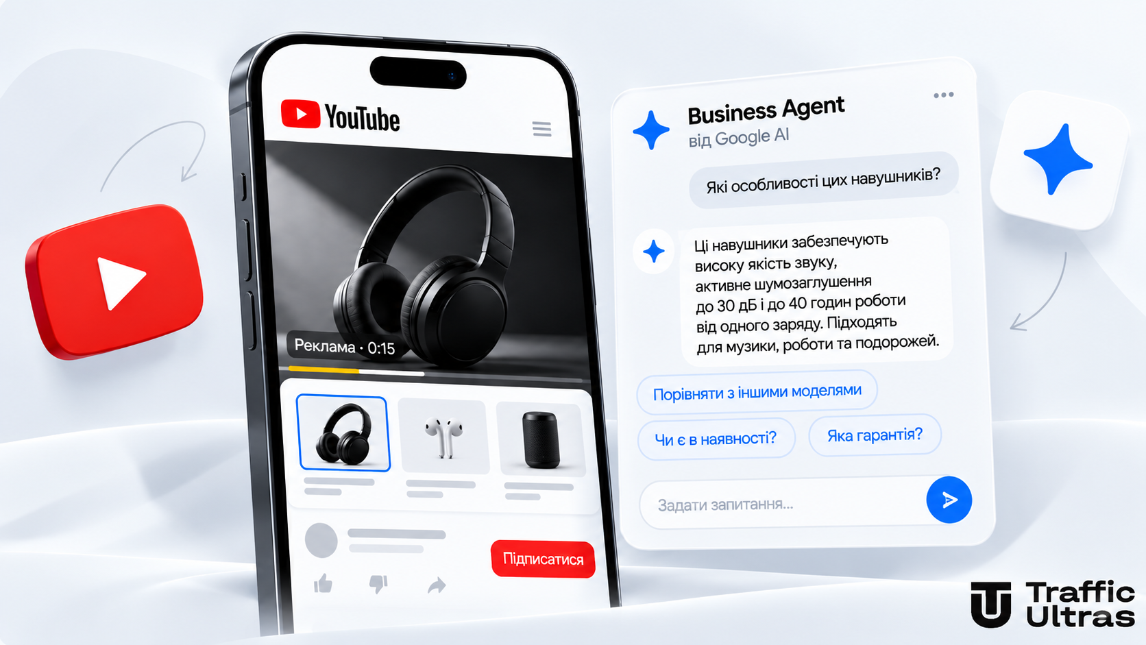 Business Agent на базі Google AI поруч із рекламою YouTube Ads для спілкування користувачів із брендом