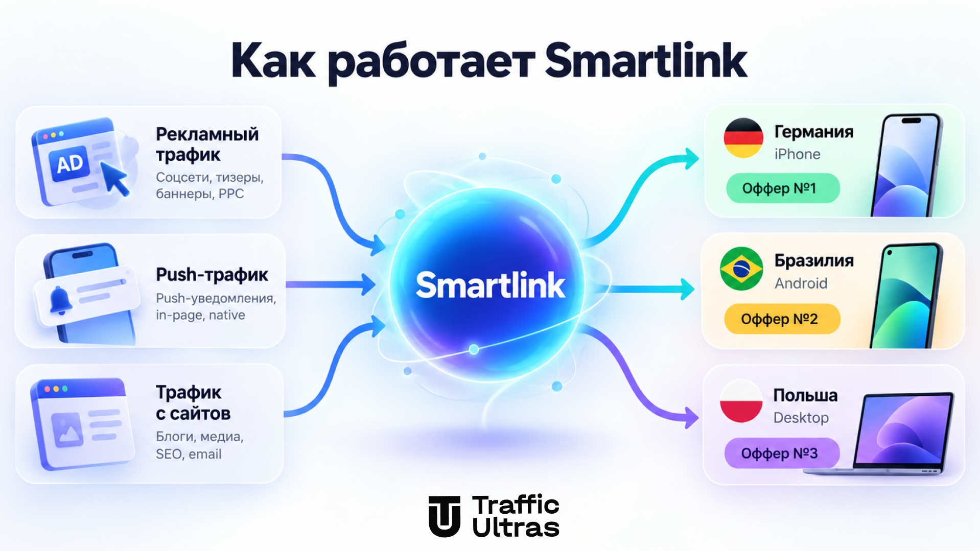 Как работает Smartlink в арбитраже трафика и распределяет пользователей между офферами по GEO и устройствам