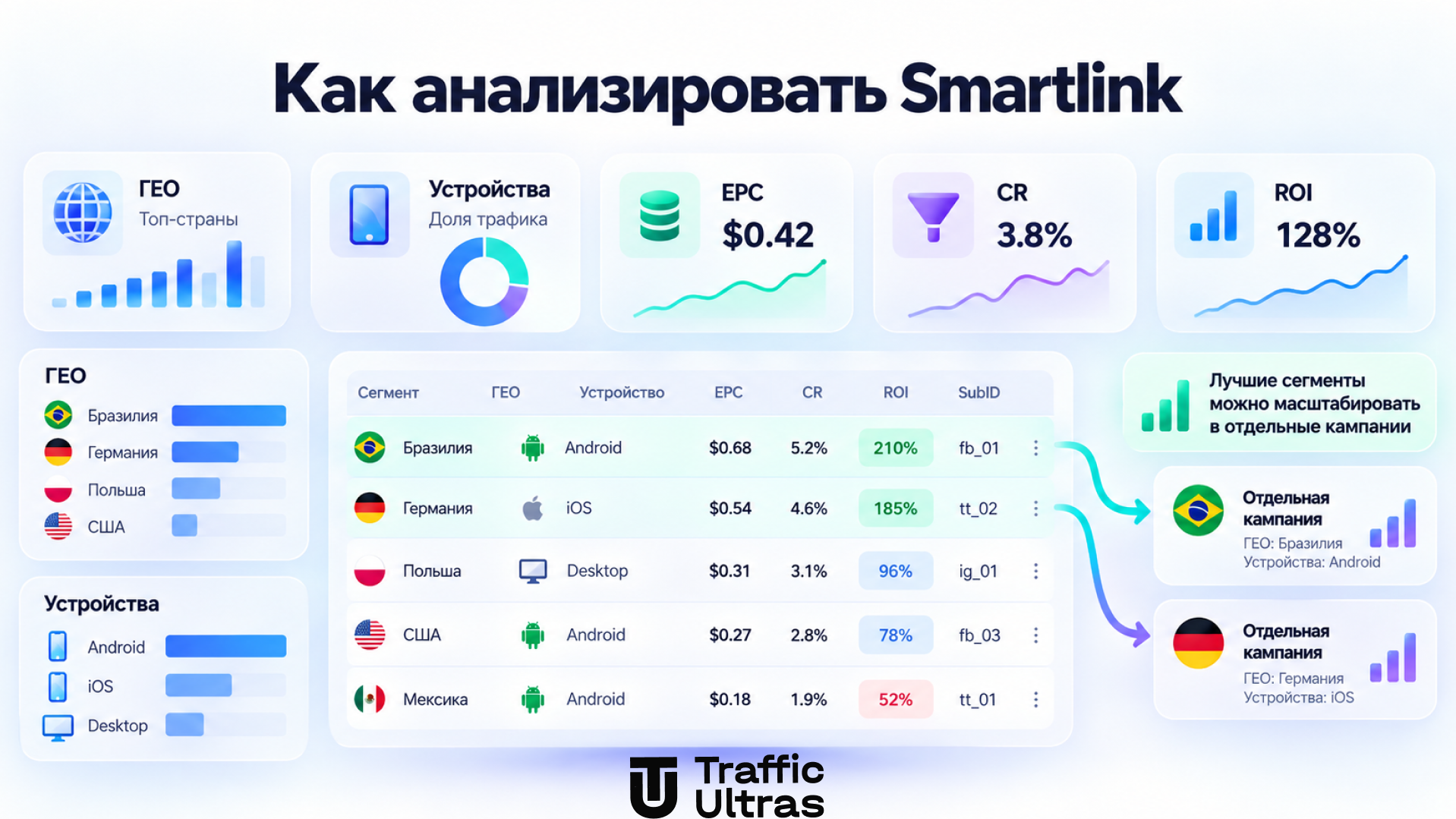 Анализ эффективности Smartlink по GEO, устройствам, EPC, CR и ROI