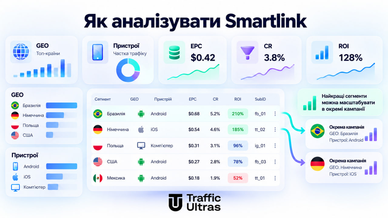Аналіз ефективності Smartlink за GEO, пристроями, EPC, CR і ROI
