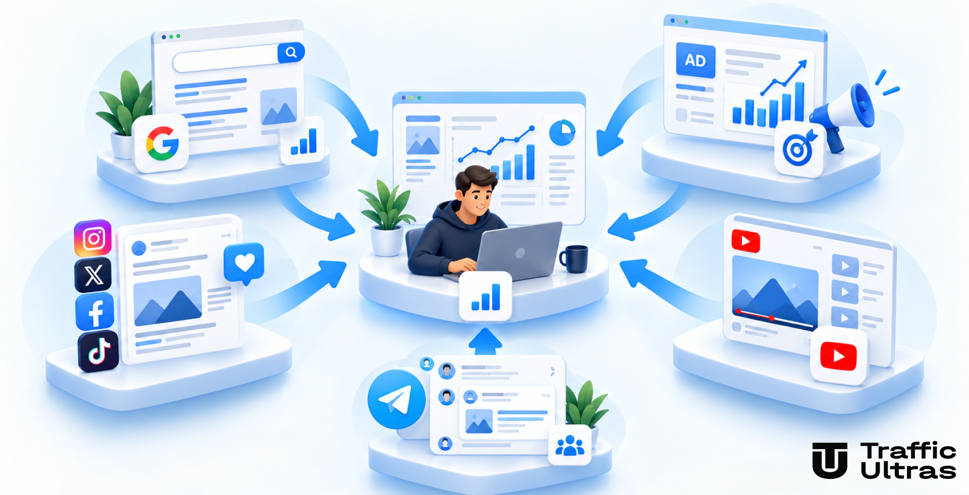 Источники трафика для паблишера: Google, Meta, Telegram, YouTube и SEO