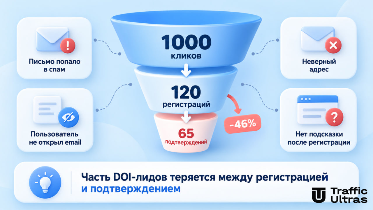 Воронка DOI-оффера: потери лидов между регистрацией и подтверждением