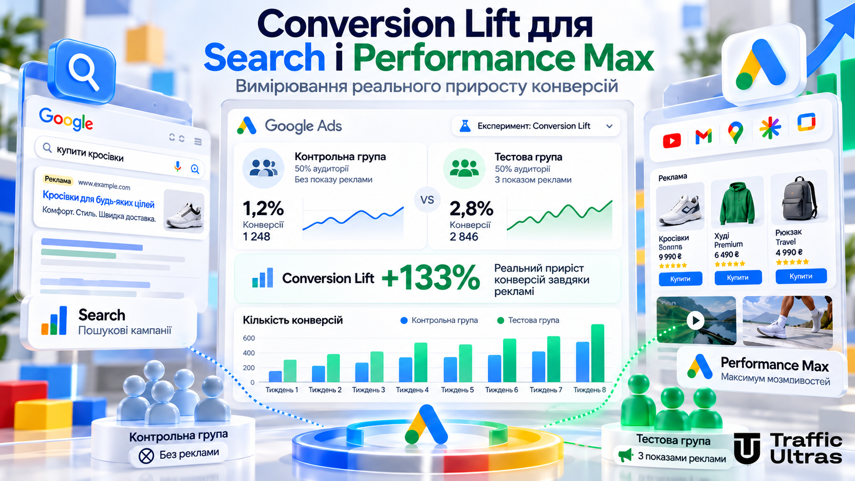 Google Ads Conversion Lift порівнює контрольну та тестову групи в Search і Performance Max