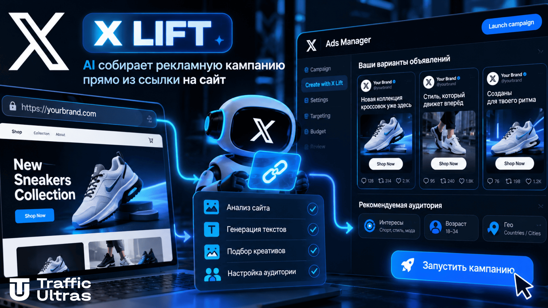 X Lift анализирует сайт и собирает рекламную кампанию с креативами, текстами и аудиторией